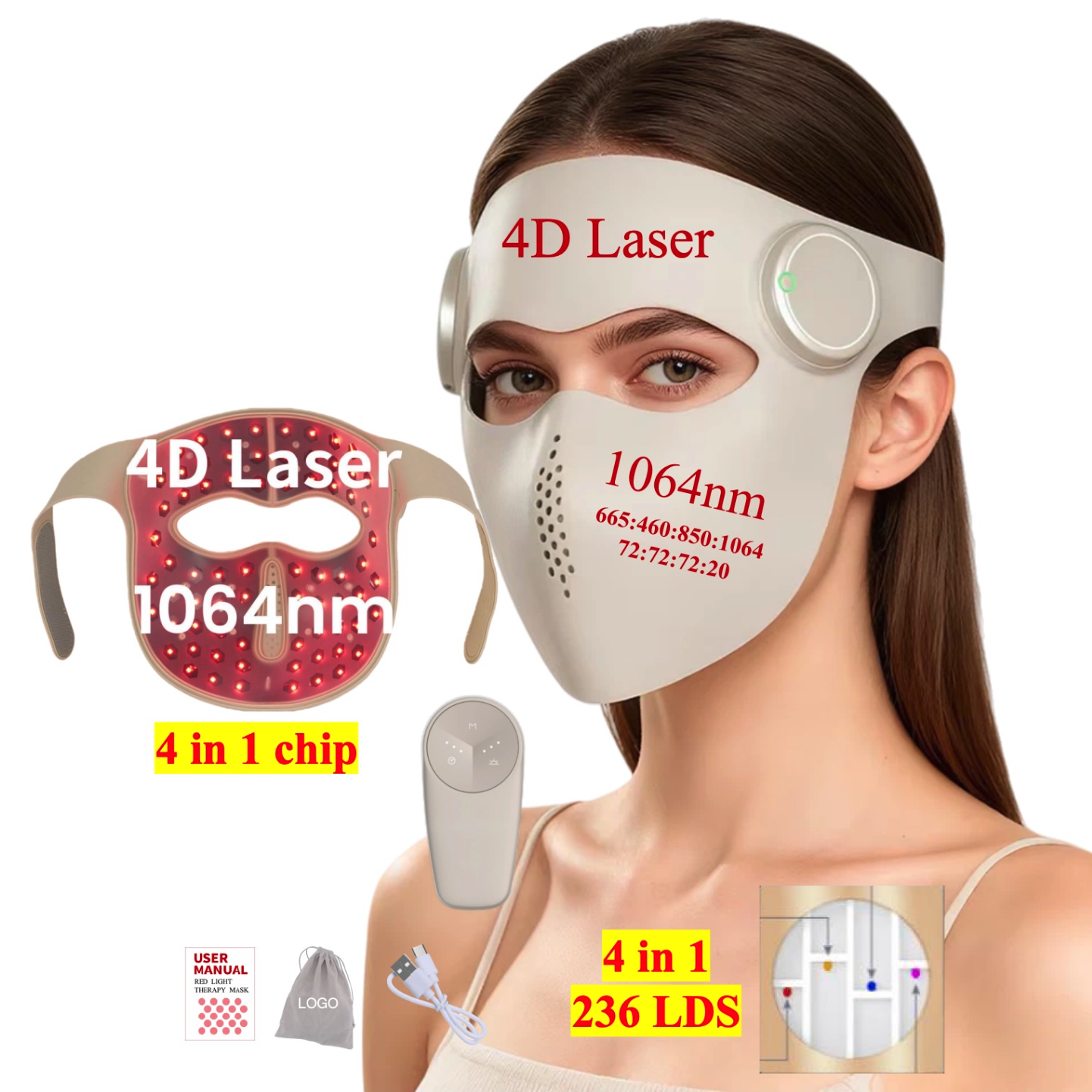 AQSHE M3LASER 4D 460 665 850 1064nm 4d Wireless Mask Red Light Photon Therapy Skin Care Mask Soft Medical Silicone Led for Spa