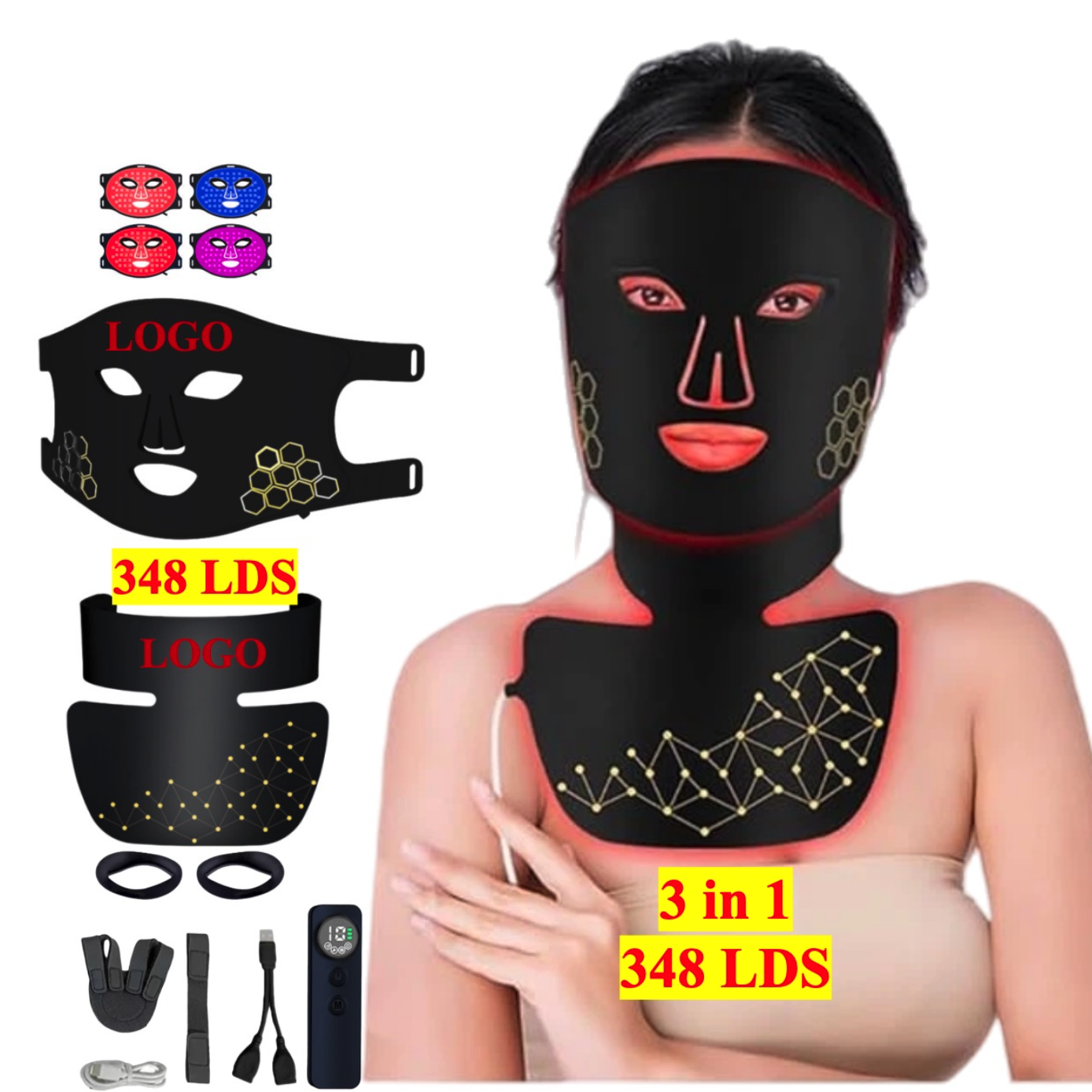 AQSHE M1 Mask 348 LEDS 4 Wavelength 460 660 850nm Led Face Near Infra Red Light Therapy for Face 3 Chips Facial Mask  Device Spa