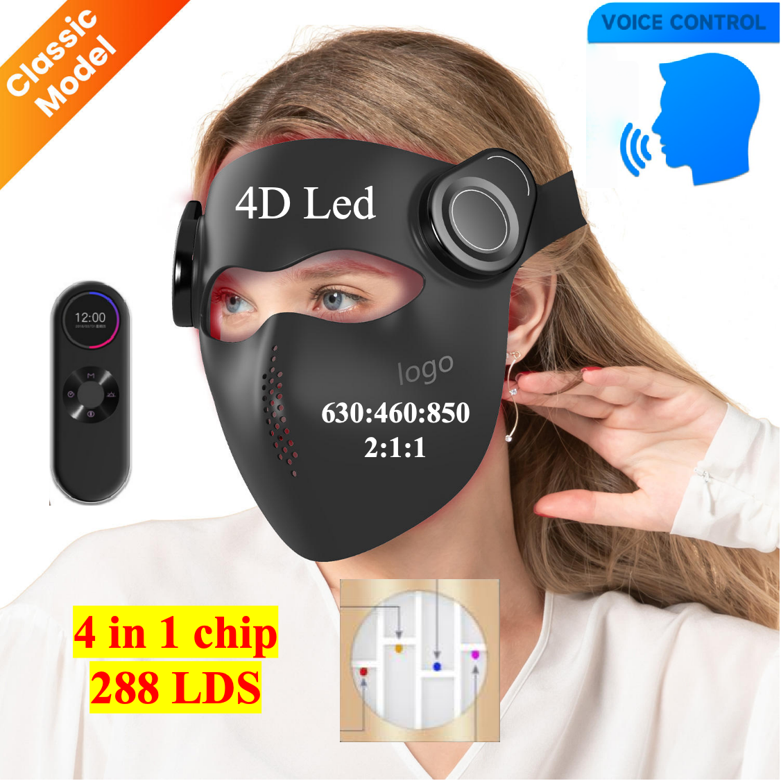 AQSHE M4LED 4D 460 630 850nm 4d Wireless Undereye Infrared Led Light Therapy Face Anti-aging Beauty Red Light Mask Voice Control