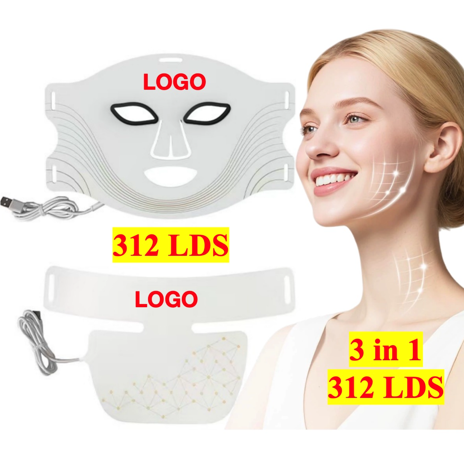 AQSHE M0 Mask 312 LEDS 3 Wavelength 4 color 460 660 850nm Led Face Near Infra Red Light Therapy for Face 3 Chips Facial Mask  Device Spa